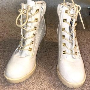 White Chunky Heel Lace-Up Combat Boots - Stylish